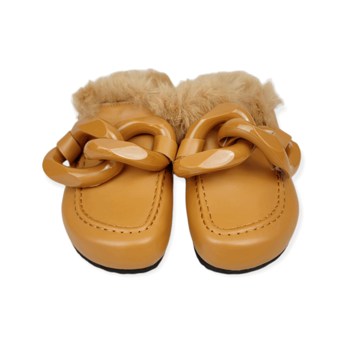 Fur slippers with chain detail in Camel - Image 2