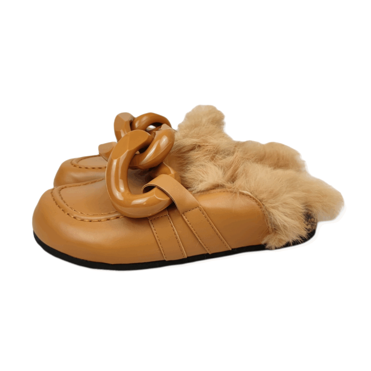 Fur slippers with chain detail in Camel