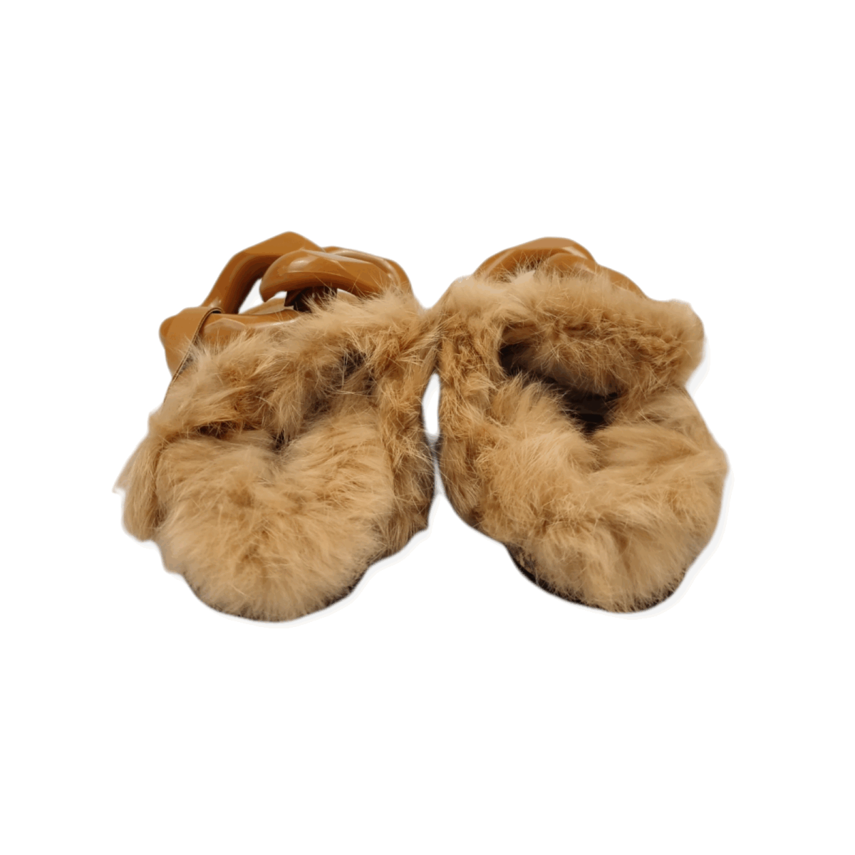 Fur slippers with chain detail in Camel - Image 4